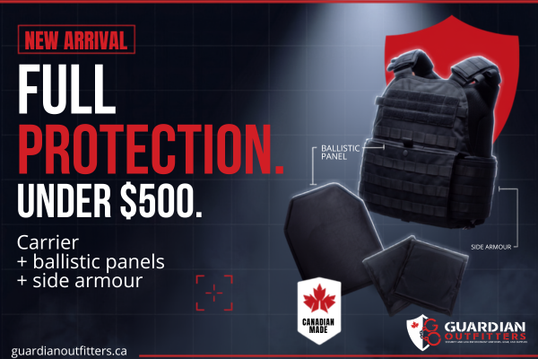 GDG MOLLE V2 plate carrier with ballistic panels and side armour laid out separately, Guardian Outfitters "Full Protection Under $500" bundle graphic