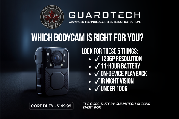 GuardTech Core Duty body camera with checklist of features to look for in a security body camera
