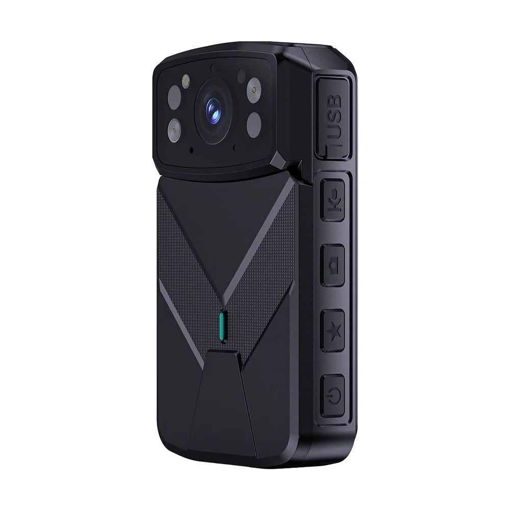 GuardTech Elite 4G 2K body worn camera angled front view showing lens, 4 IR night vision lights, USB port, side controls, and green status LED. Canada.