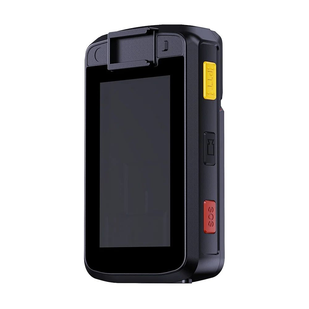 GuardTech Elite 4G body camera rear view showing 3.1-inch touchscreen, yellow PTT push-to-talk button, red SOS emergency button, and clip mount. 4G body worn camera Canada.