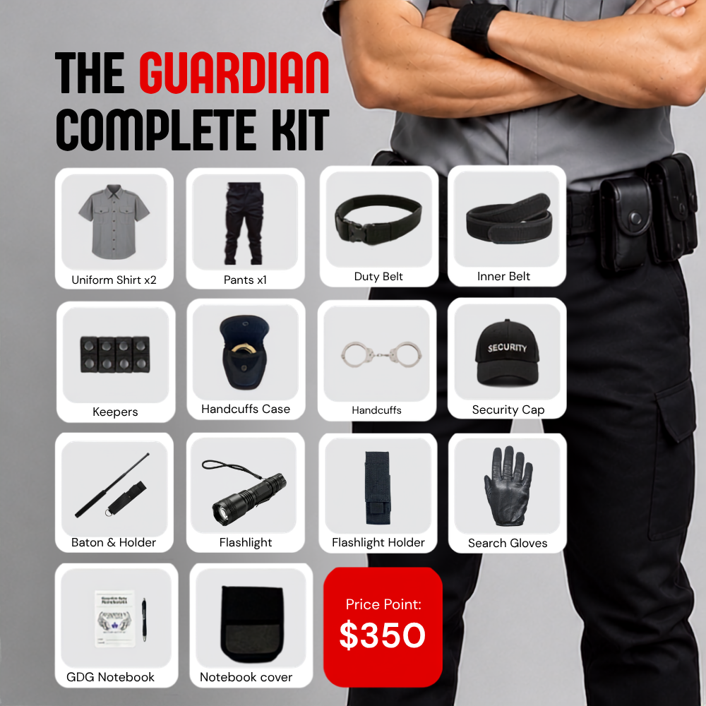 2x uniform shirts, 1x tactical pants, duty belt, inner belt, keepers, handcuff case, security cap, Peerless handcuffs, expandable baton, baton holder, tactical flashlight, flashlight holder, GDG search gloves, GDG notebook, notebook cover, and a signature GO Pen for $350.
