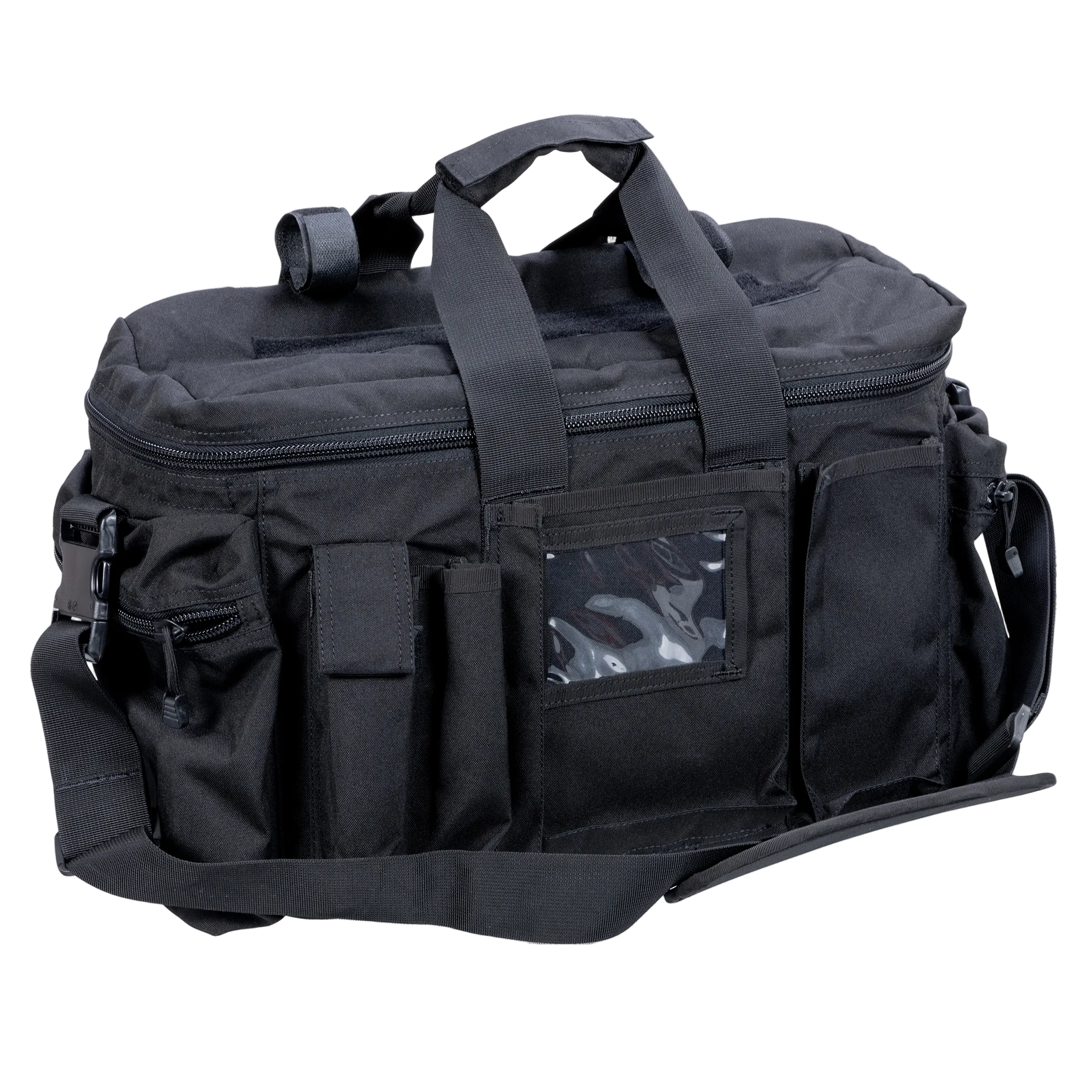 Guardian Duty Gear Duty Bag - Front View With Strap, handle, side pouches, baton holder, mag pouch holder, front pouch and more.