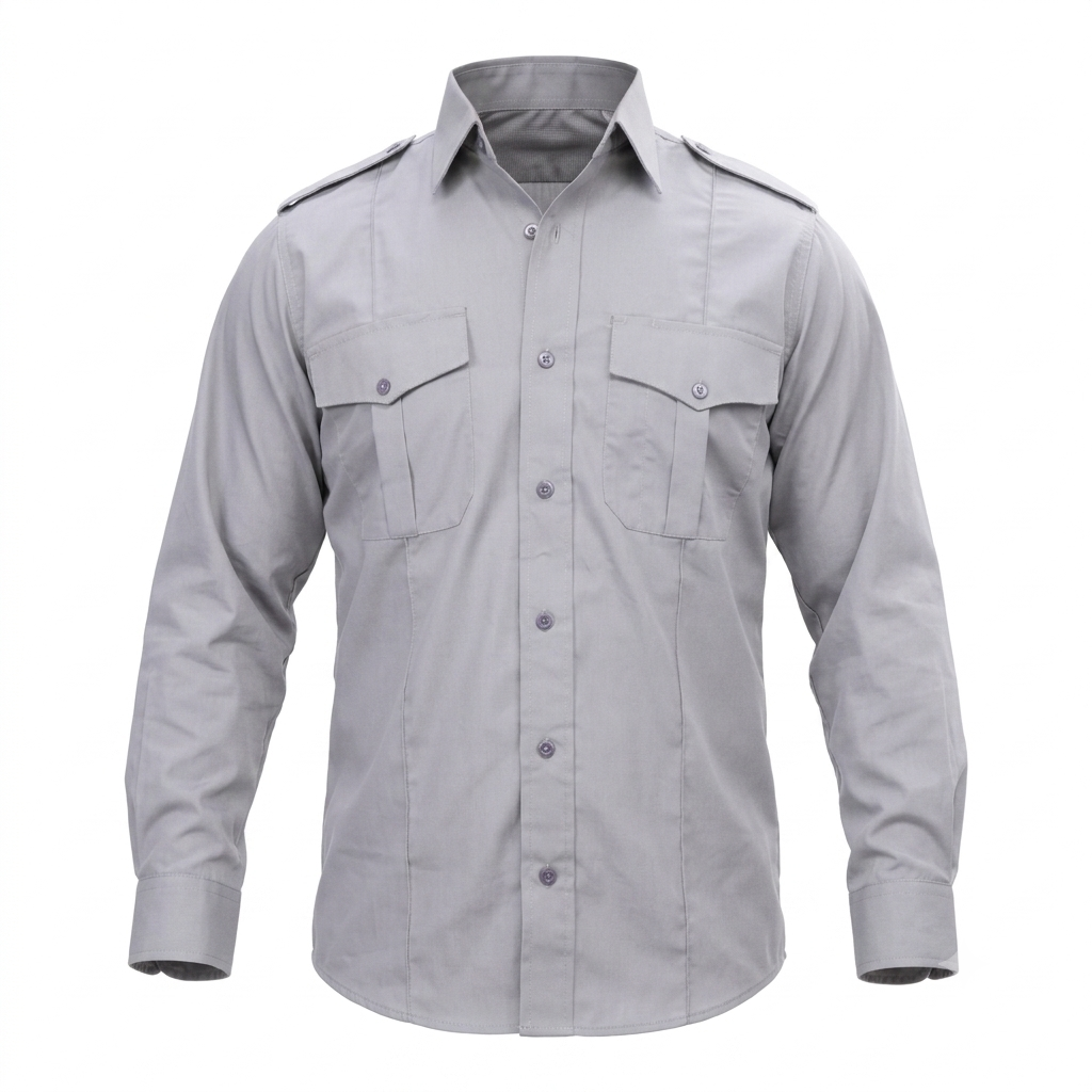 Guardian Duty Gear grey long sleeve uniform shirt front view featuring button-down placket, chest pockets, and epaulets on white background.