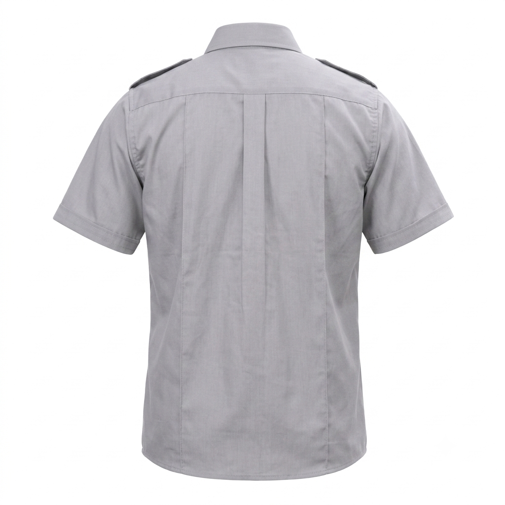 Guardian Duty Gear grey short sleeve uniform shirt back view displaying vertical military crease stitching on a white background.