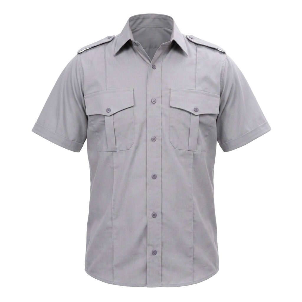 Guardian Duty Gear grey short sleeve uniform shirt front view featuring dual flap chest pockets and shoulder epaulets on white background.