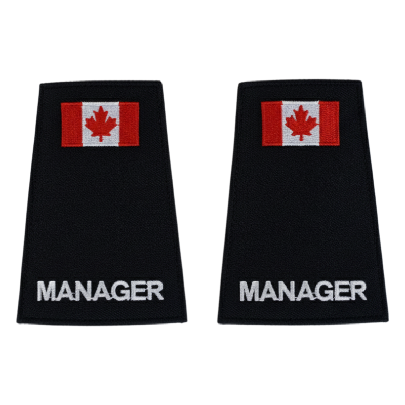 Two black epaulettes with Canadian flag and 'Manager' text on a white background