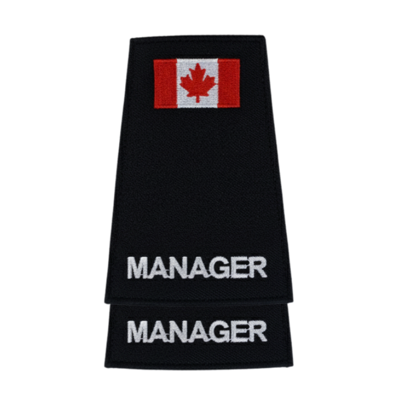 Black epaulettes with Canadian flag and 'MANAGER' text on a white background