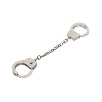 Mini handcuff key ring with two 1-inch manacles and 2-inch chain, silver-plated.