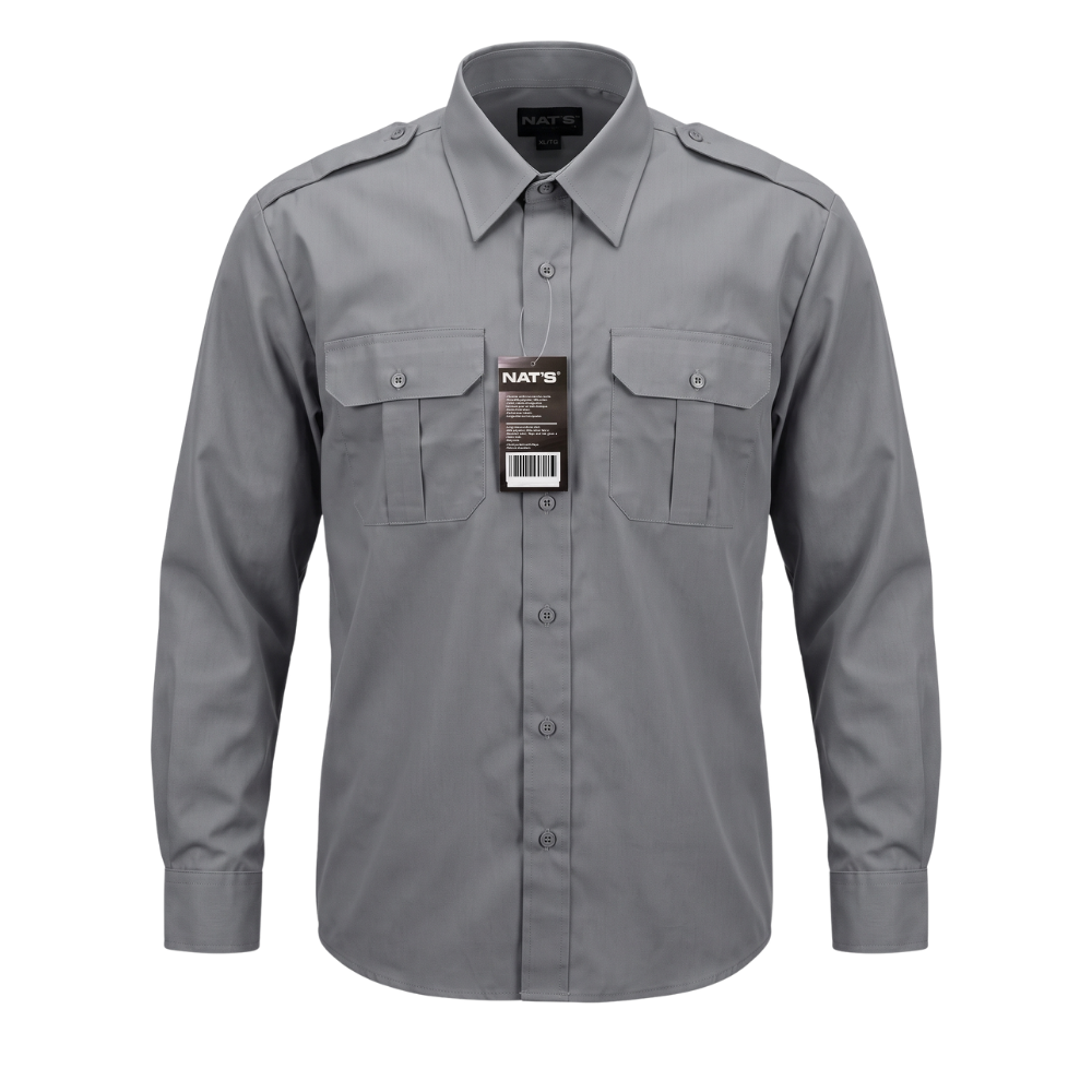 Nat's Grey Long Sleeve Uniform Shirt, front view, showing chest pockets and epaulette slot