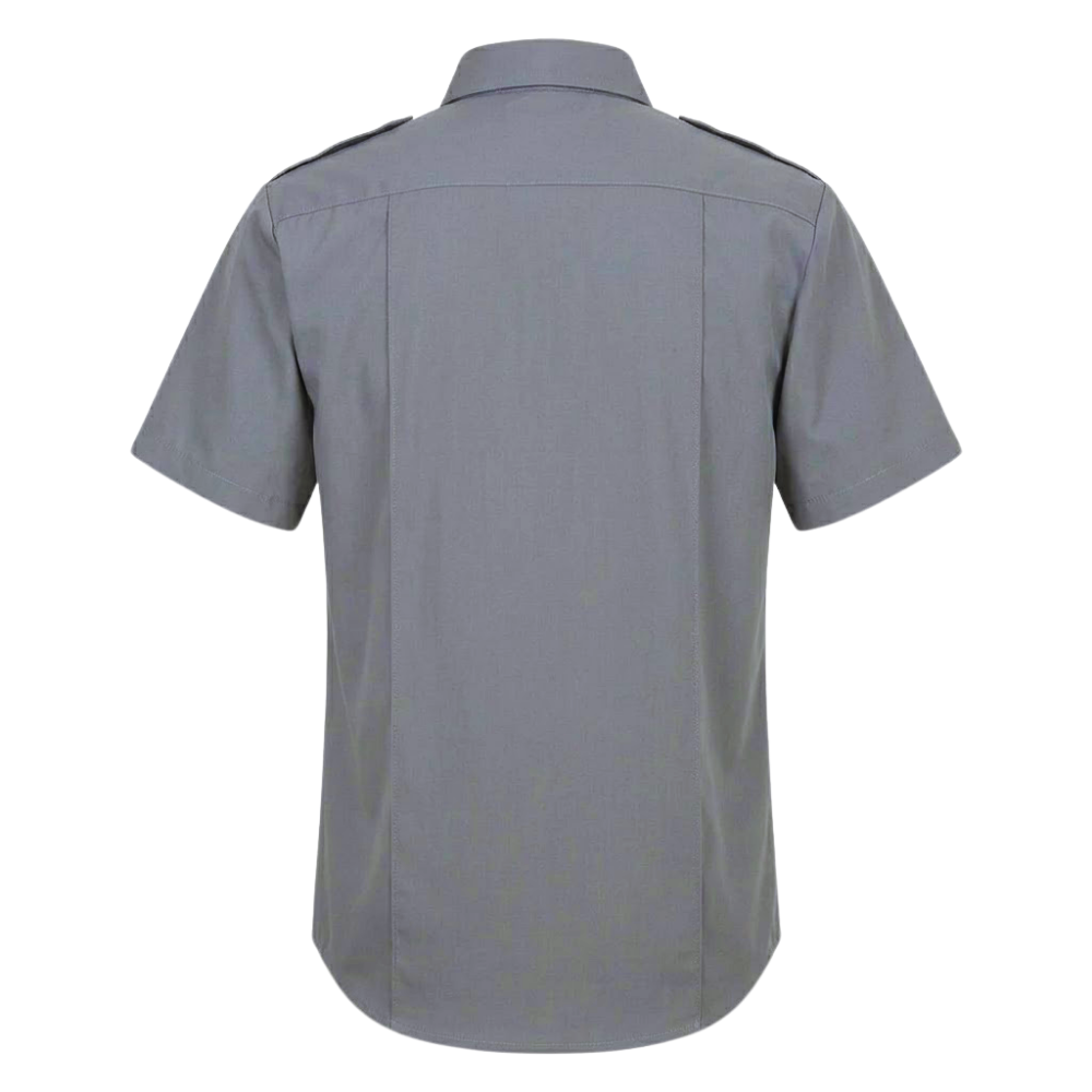 Nat's Grey Short Sleeve Uniform Shirt, back view, showing relaxed fit and stitching detail