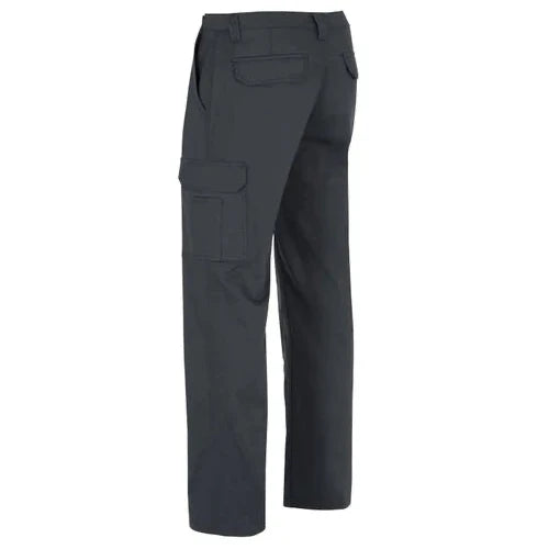 Black cargo work pants, back and side view on mannequin, showing flap back pocket, side seam pocket, and cargo pocket detail