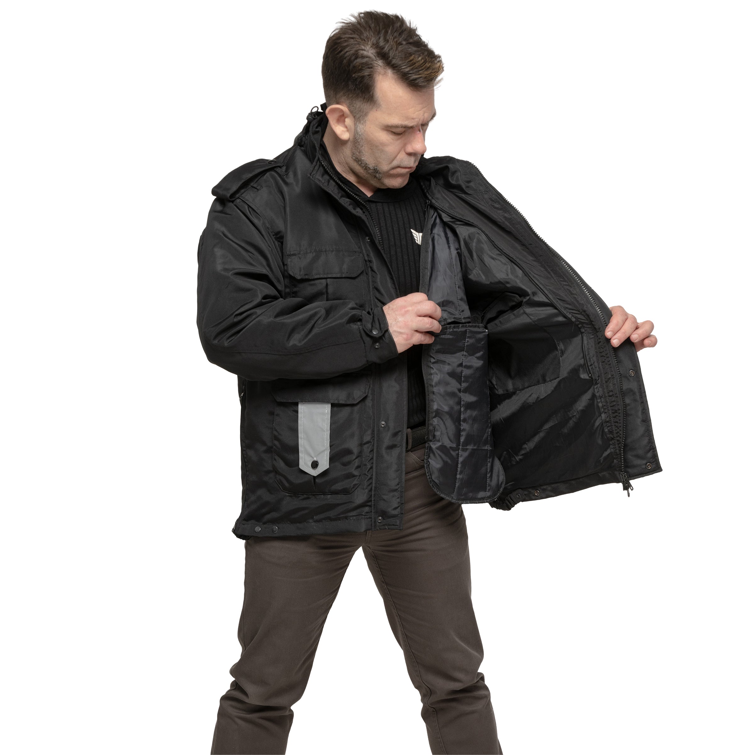 security guard winter jacket in black with pockets