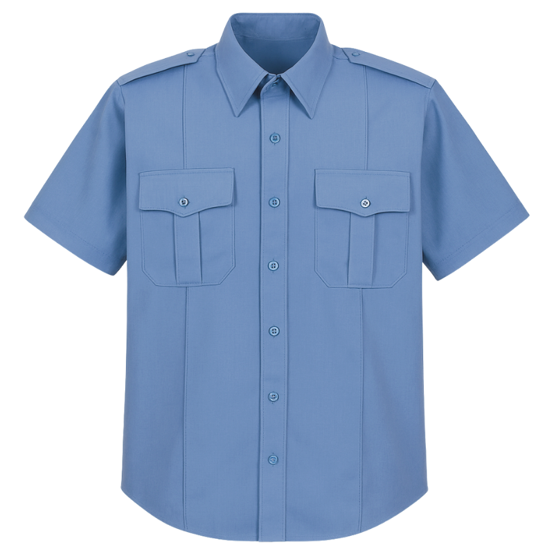 Blue short-sleeve uniform shirt on a white background
