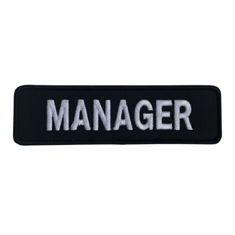 Embroidered manager patch on black twill with Velcro backing