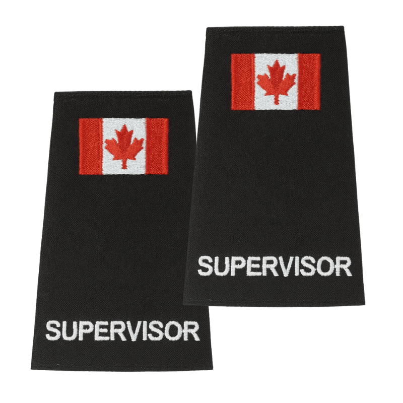 Black supervisor epaulettes with white SUPERVISOR text with Canadian flag
