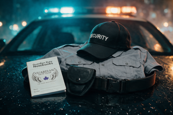 Complete security guard uniform flat lay with uniform shirt, security cap, duty belt, handcuff pouch and memo book