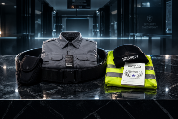 Bulk security uniform order: folded grey uniform shirt, duty belt, hi-vis vest and security toque