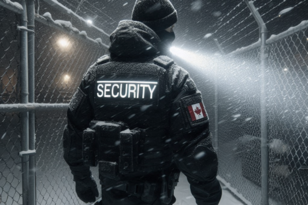 security guard standing in the dark cold winter wearing gear that is mission ready