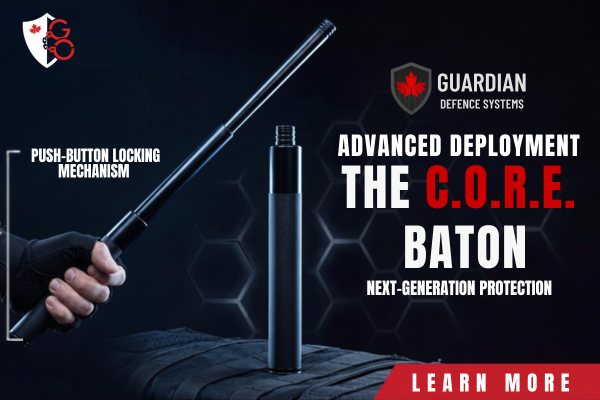Guardian Defence Systems C.O.R.E. Lock baton fully extended in a gloved hand, showing the push-button locking mechanism, with a retracted baton beside it
