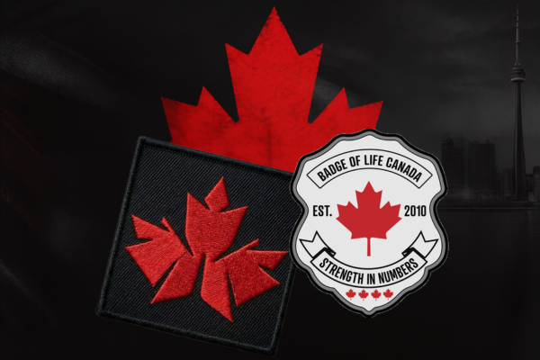 Black & red tactical maple leaf patch with velcro backing supporting Badge of Life Canada