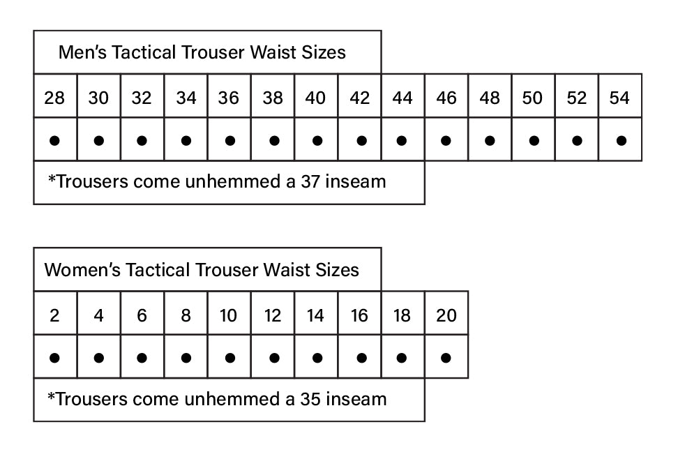 men & women's tactical trouser waist size chart 