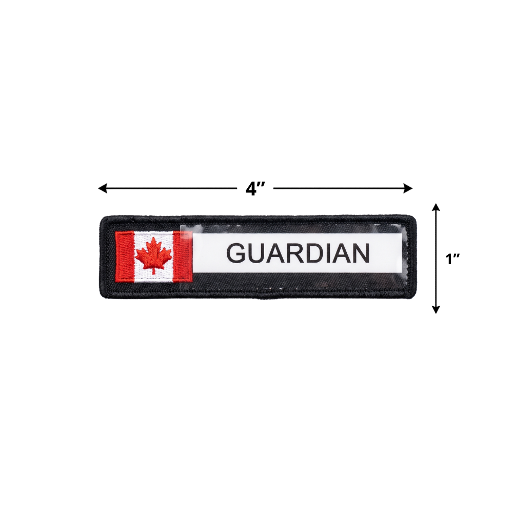Canada Flag Name Tag with Velcro, front view showing 4 inch by 1 inch size with clear ID window with sample name tag