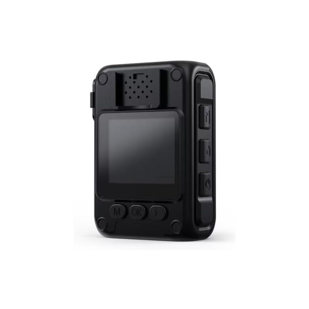 GuardTech Core Duty body camera angled rear view showing 2-inch LCD screen, speaker grille, top clip mount, and side control buttons. Body cam Canada.