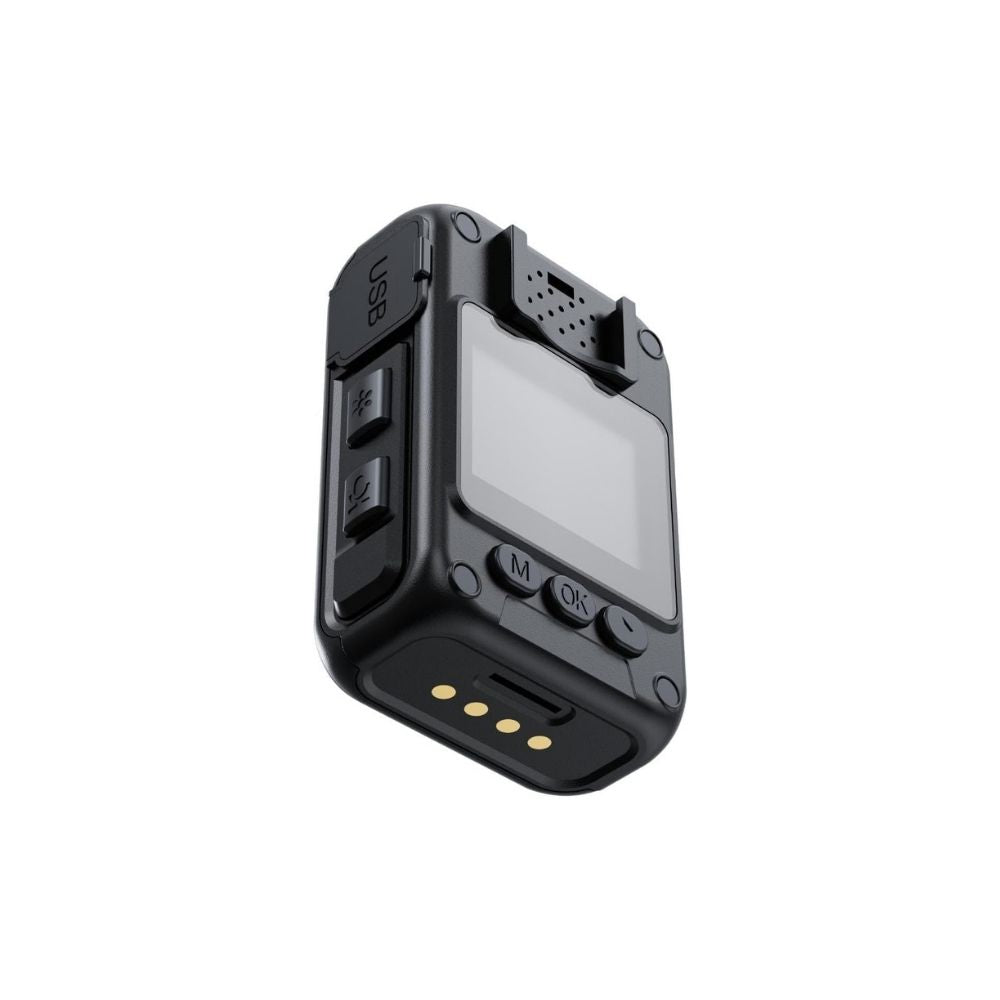 GuardTech Core Duty body camera angled bottom view showing charging dock contacts, USB port, and clip mount. Body worn camera Canada.