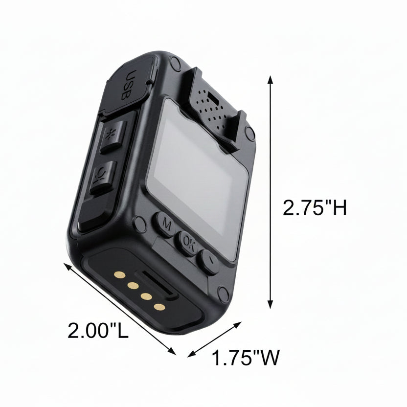 GuardTech Core Duty body camera angled bottom view showing charging dock contacts, USB port, and clip mount. Body worn camera Canada.