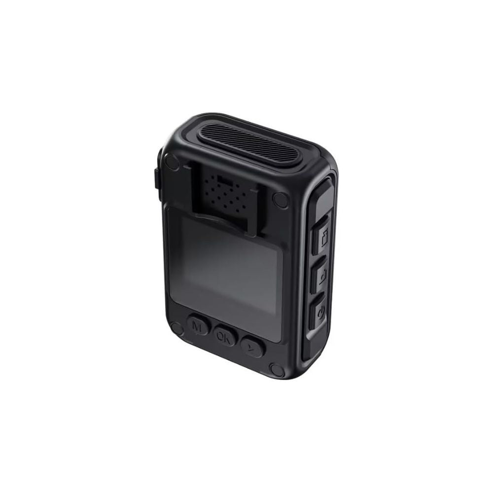 GuardTech Core Duty body camera angled rear view showing 2-inch LCD screen, speaker grille, top clip mount, and side control buttons. Body cam Canada.