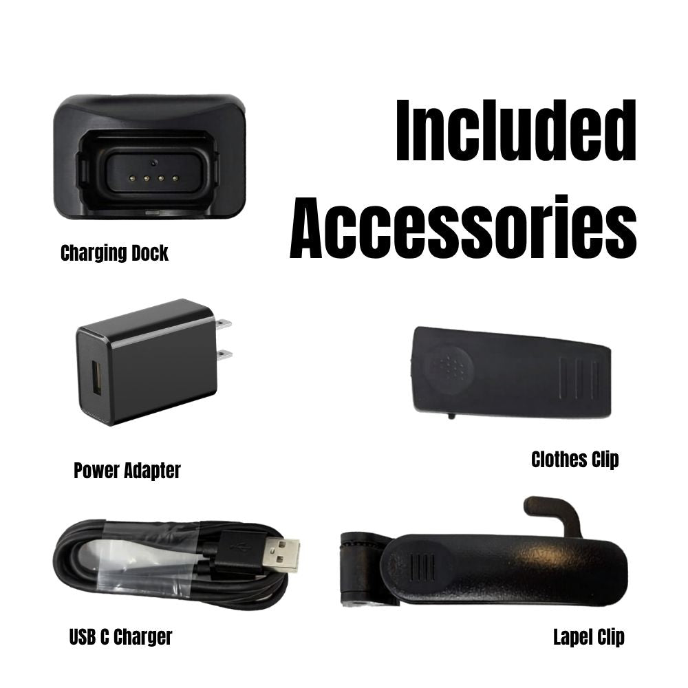 GuardTech Core Duty body camera included accessories. Charging dock, power adapter, USB-C charger, clothes clip, and lapel clip. Body worn camera Canada.