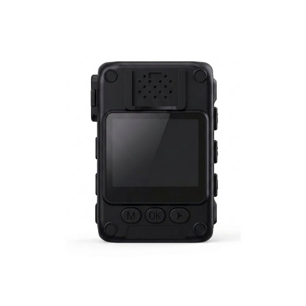 GuardTech Core Duty body camera rear view showing 2-inch LCD screen, M OK navigation buttons, and built-in speaker grille. Security guard body cam Canada.