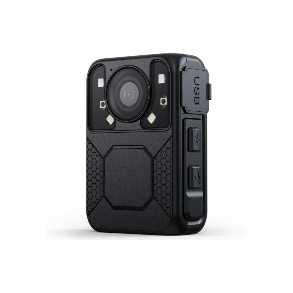 GuardTech Core Duty 1296P body worn camera angled front view showing lens, 4 built-in IR night vision lights, and USB-C port. Security guard body cam Canada.