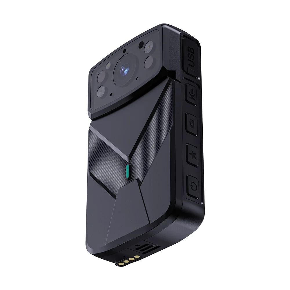 GuardTech Elite 4G body camera side angle view showing IR night vision lights, side control buttons, green status LED, and charging dock contacts at base. Body worn camera Canada.