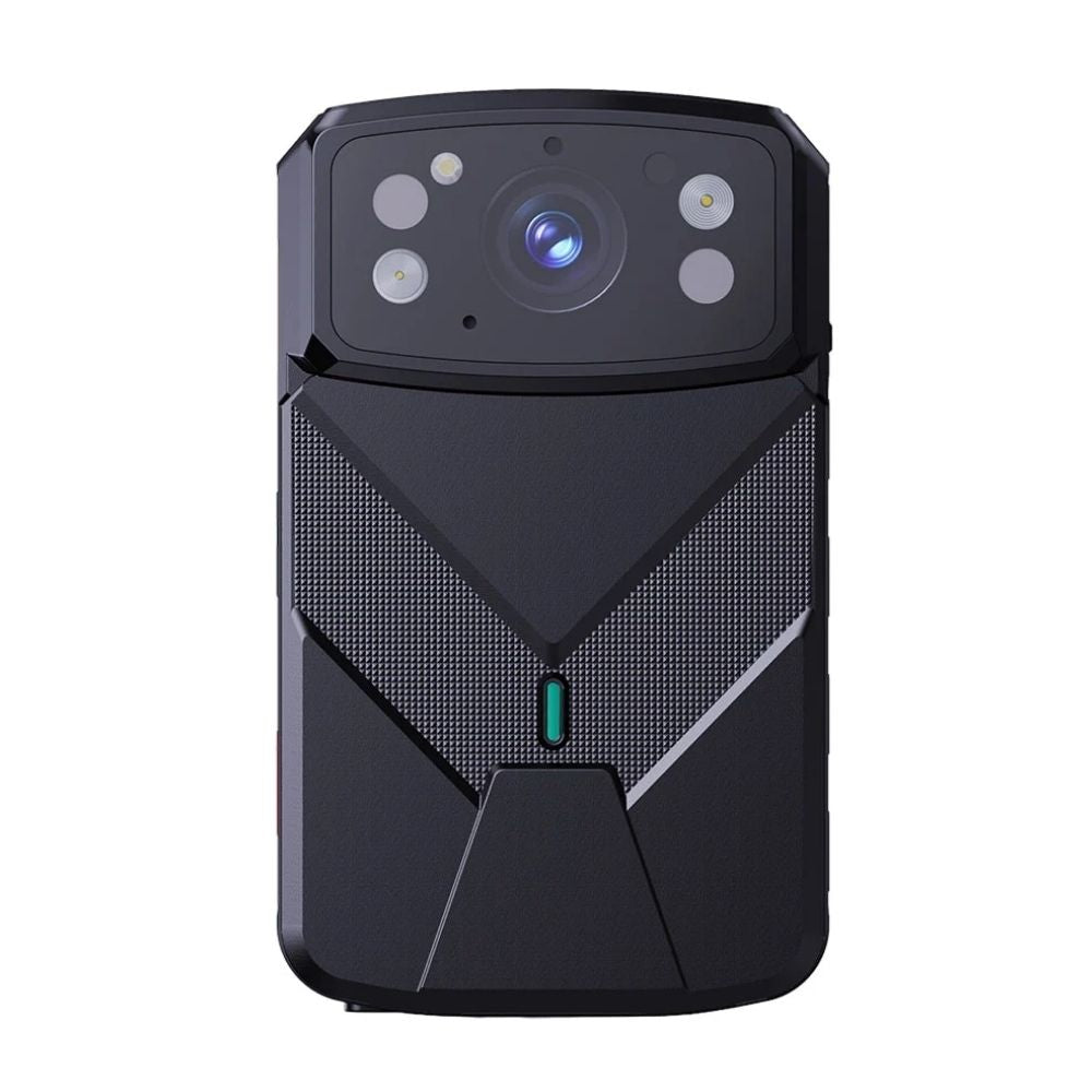GuardTech Elite 4G 2K body worn camera angled front view showing lens, 4 IR night vision lights, USB port, side controls, and green status LED. Canada.