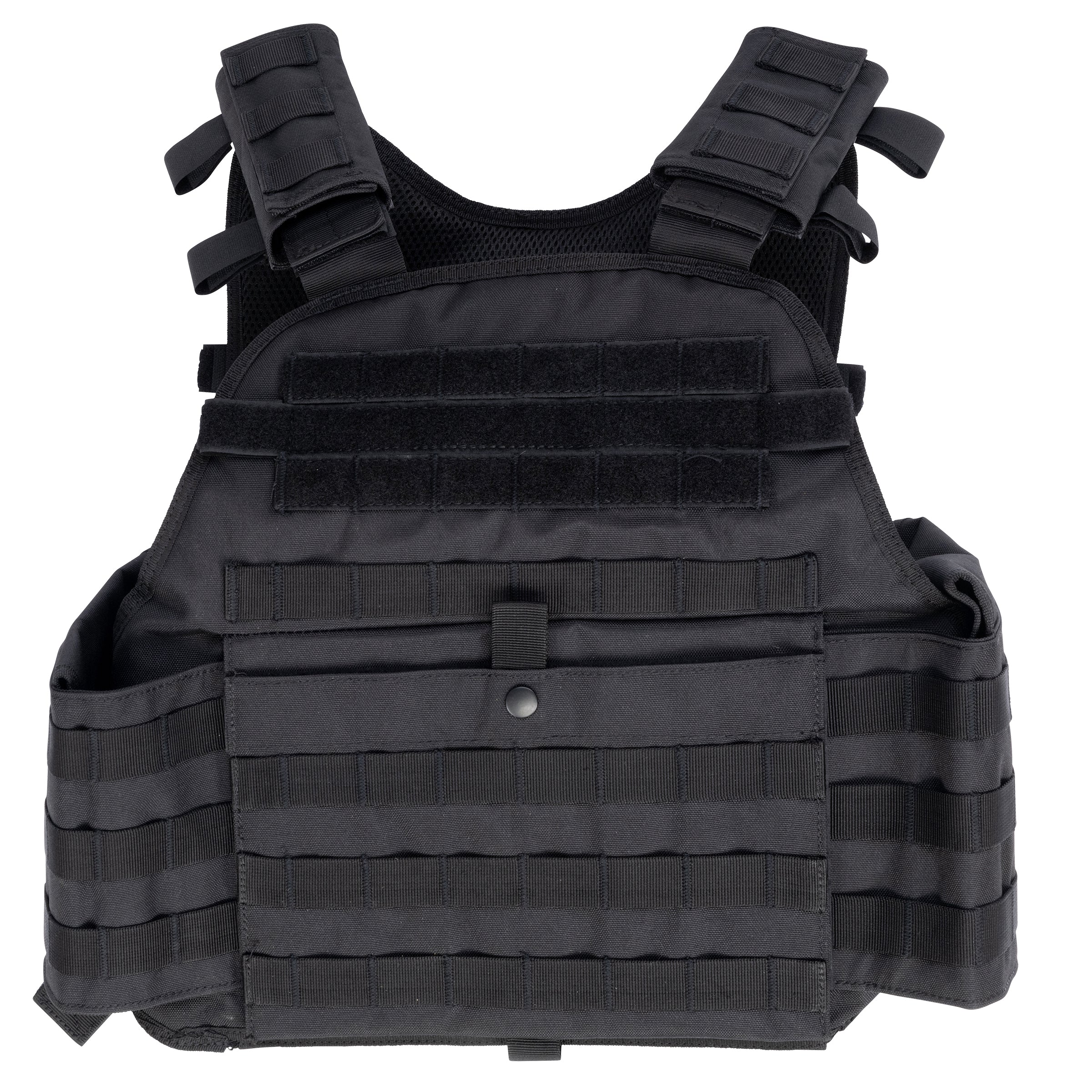 Black tactical plate carrier vest with MOLLE webbing, shoulder straps, and front snap closure