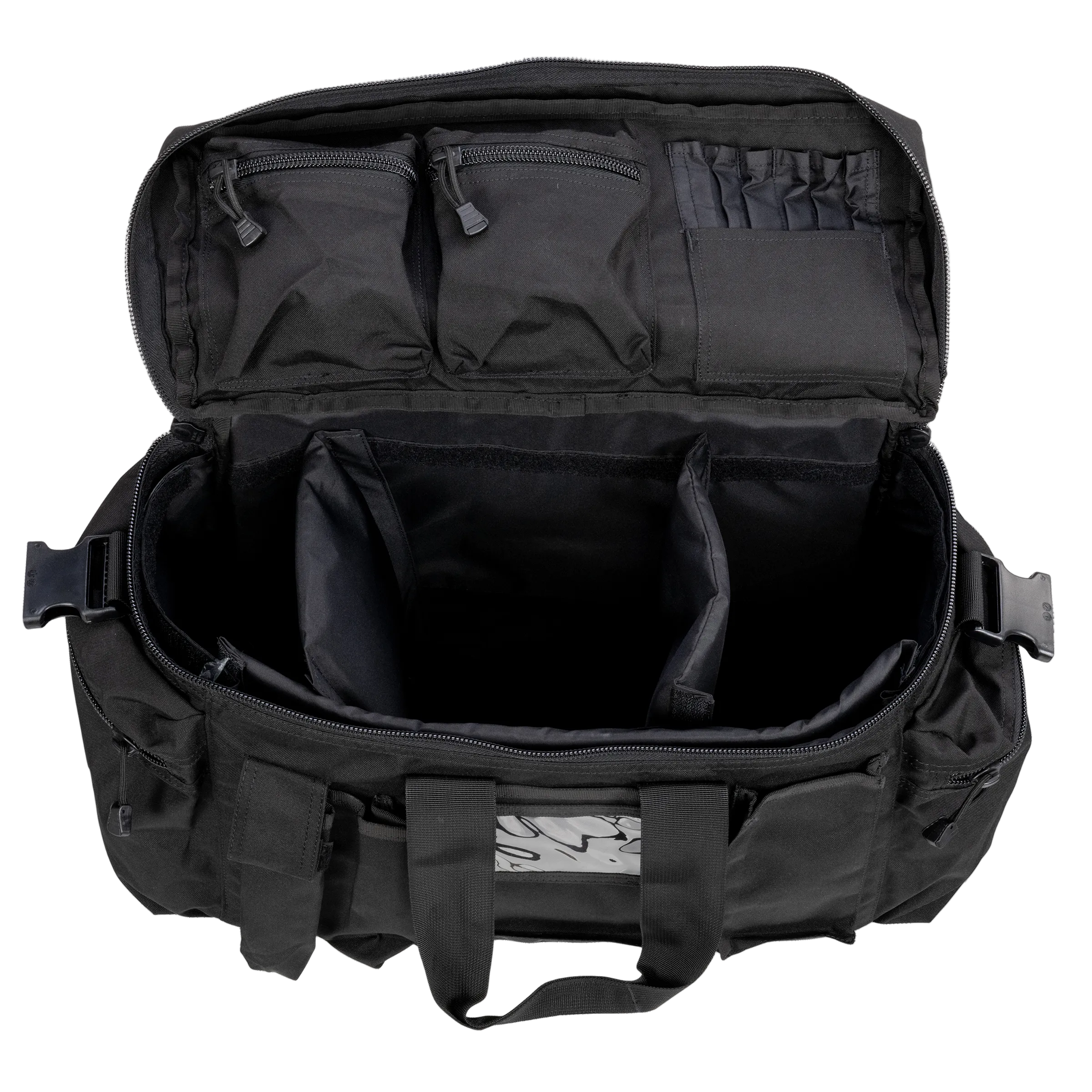 Guardian Duty Gear - Duty Bag - Top View Showcasing 2 top pouches with zippers, top pen holders, Inside the bag with 3 dividers. 