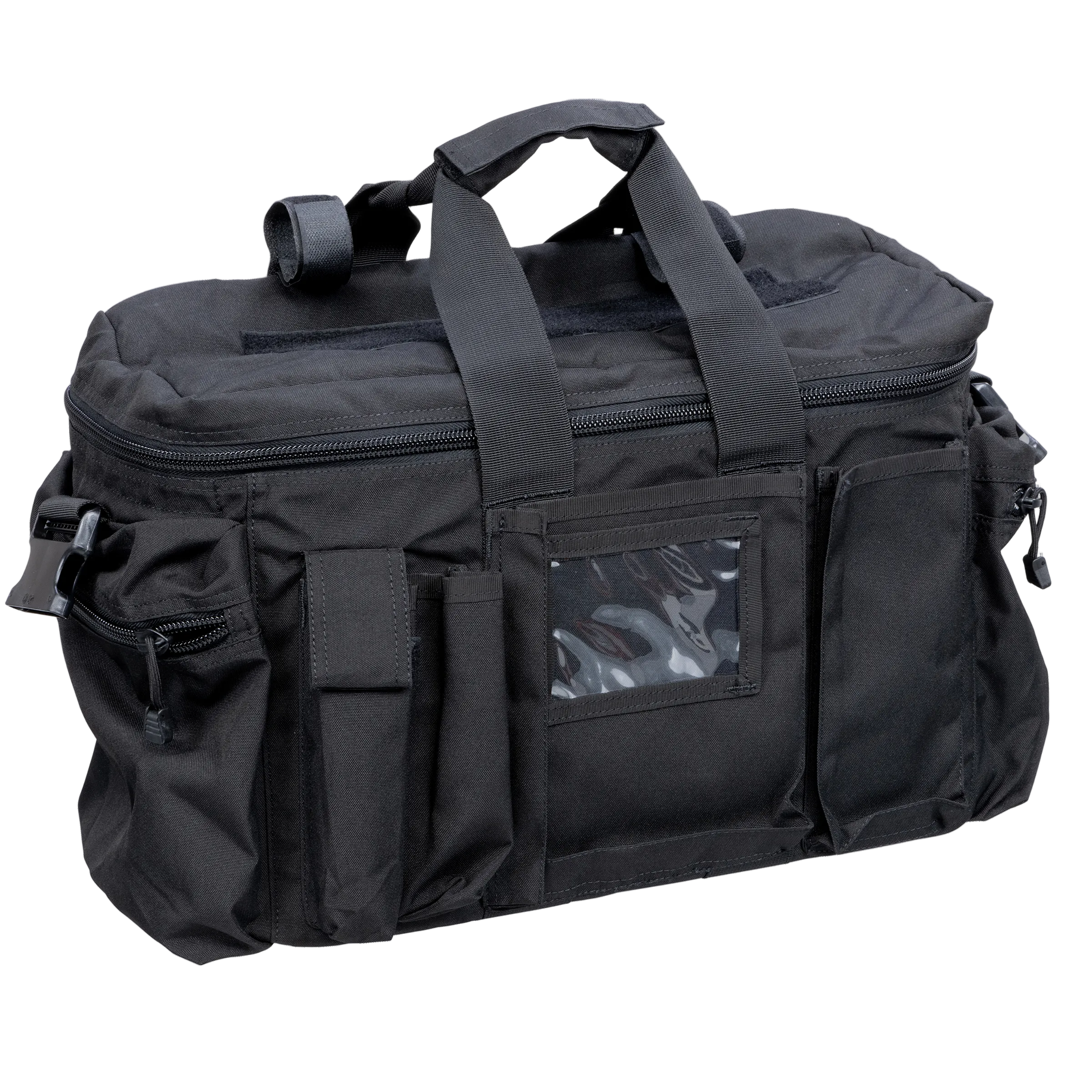 Guardian Duty Gear - Duty Bag Front View with Features: Baton holder, Pen holders, Mag pouches, Handle, Side pouches. 
