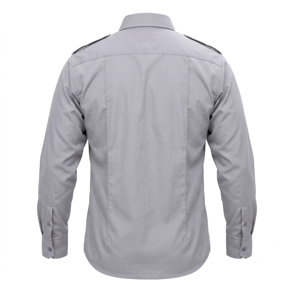Guardian Duty Gear grey long sleeve uniform shirt back view displaying full-length sleeves, stitching, and tailored military seams.