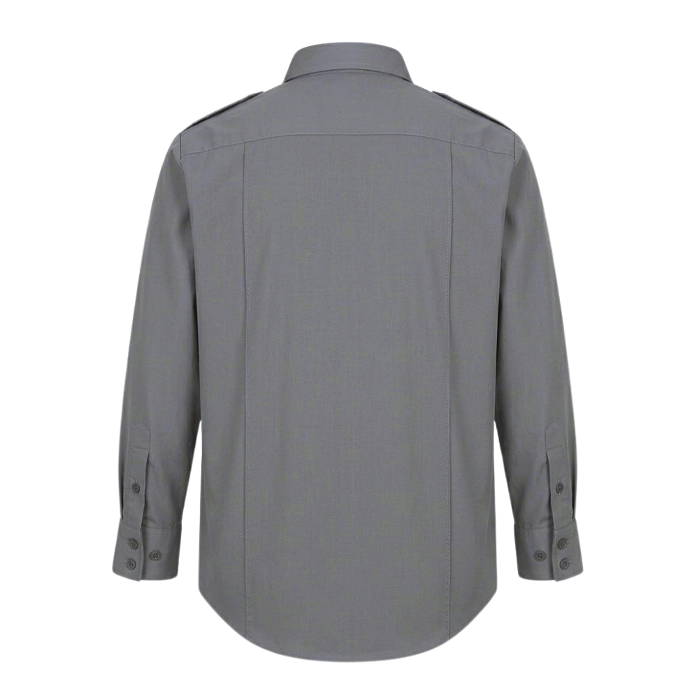 Nat's Grey Long Sleeve Uniform Shirt, back view, showing relaxed fit and stitching detail