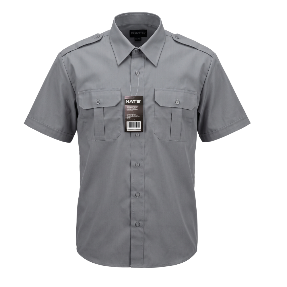 Nat's Grey Short Sleeve Uniform Shirt, front view, showing chest pockets and epaulettes