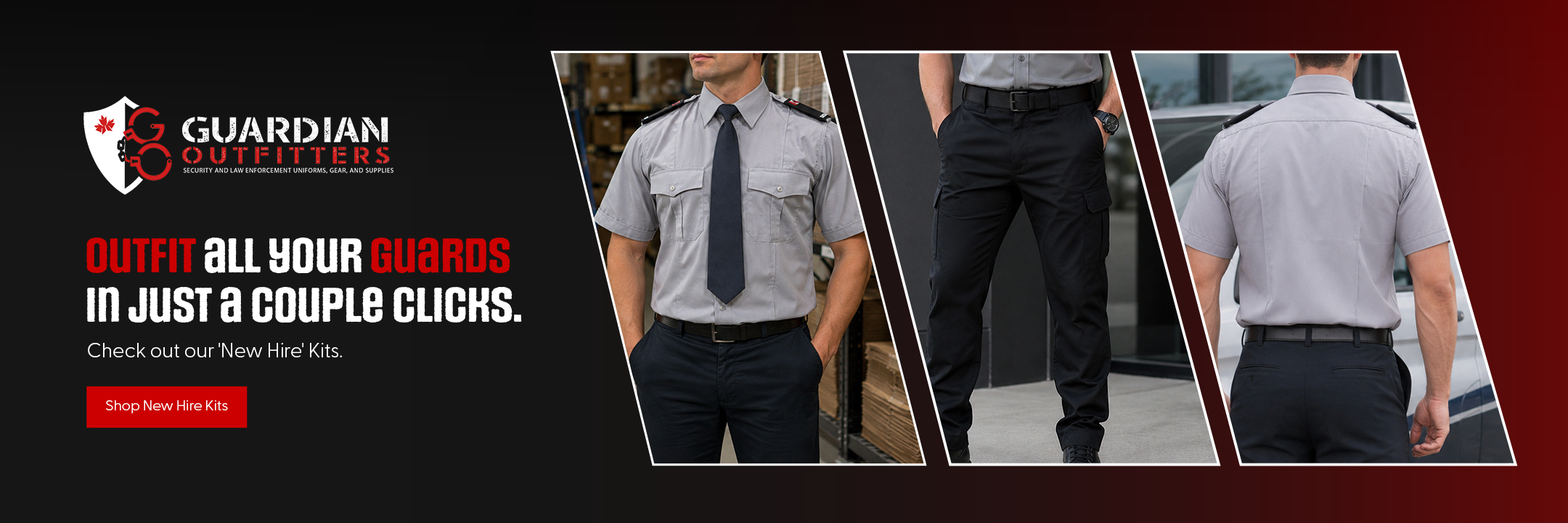 Guardian Outfitters advertisement with a person wearing a uniform and pants, featuring their new hire kit bundles. 