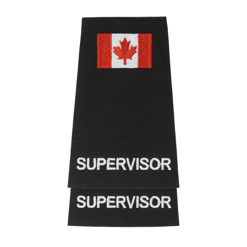 Black supervisor epaulettes with white SUPERVISOR text with Canadian flag