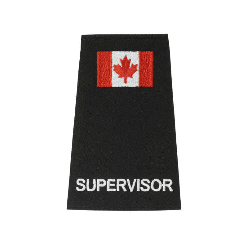 Black supervisor epaulettes with white SUPERVISOR text with Canadian flag