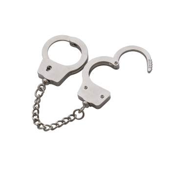 Mini handcuff key ring with two 1-inch manacles and 2-inch chain, silver-plated.